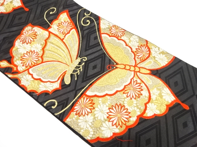 JAPANESE KIMONO / ANTIQUE FUKURO OBI / SILK / WOVEN BUTTERFLY & FLOWER